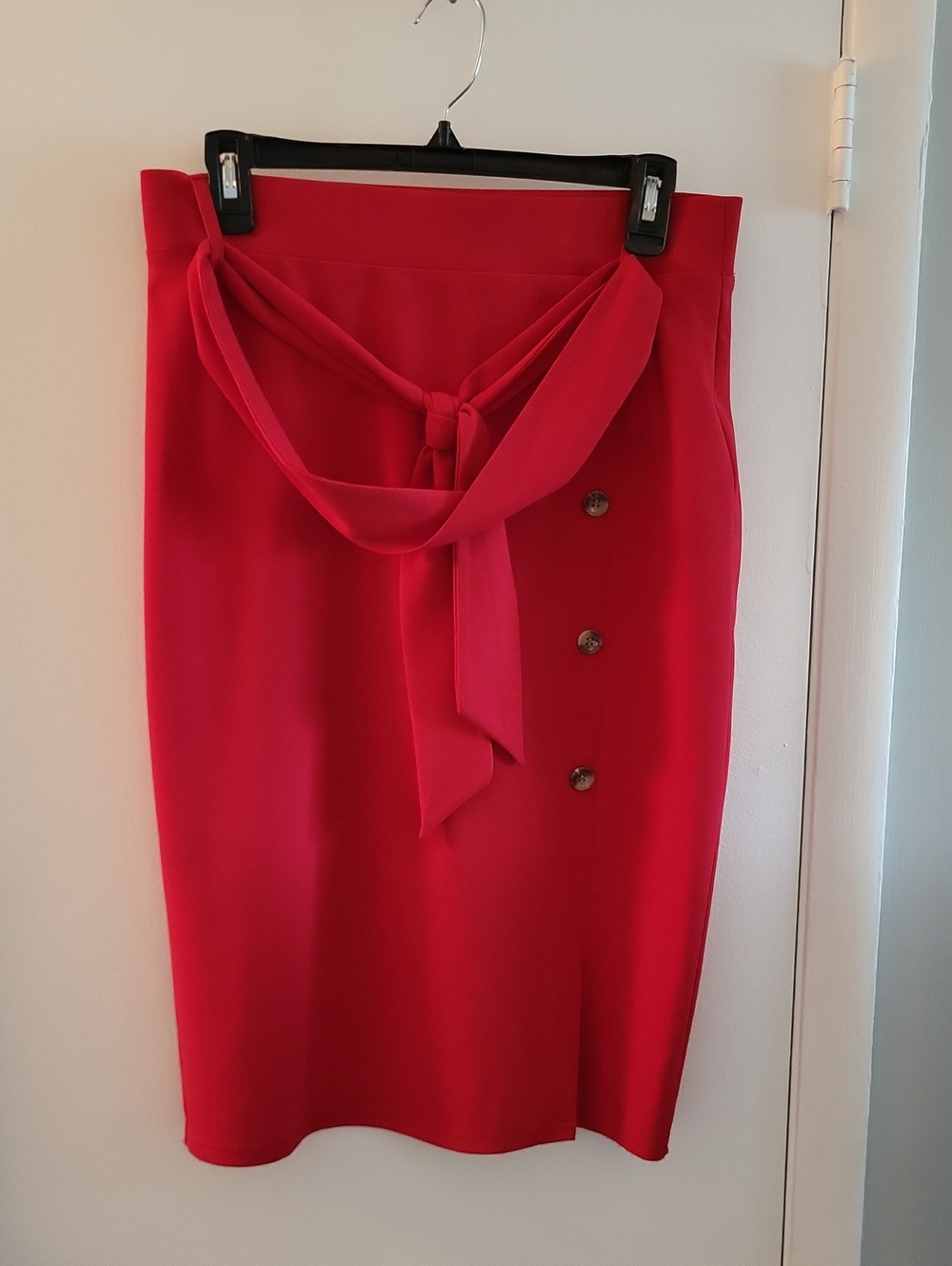 Ashley Blue Vibrant Red Tie-Waist Pencil Skirt with Side Button Detail